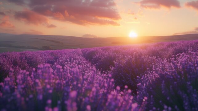 A field of lavender under a sunset sky, with the vibrant purple of the flowers contrasting with the warm colors above. 8k