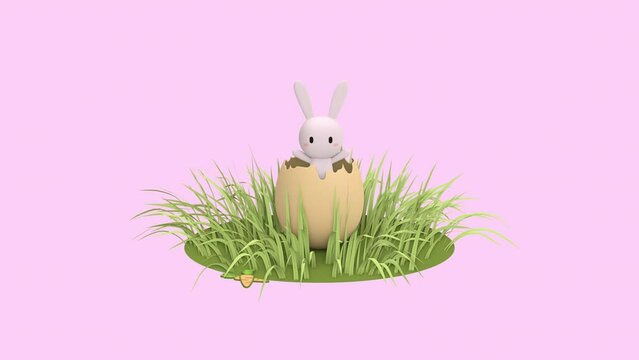 Cute Easter bunny hatching from pink Easter egg isolated on pastel pink background with copy space, Happy Easter banner with adorable rabbit. 3d rendering illustration