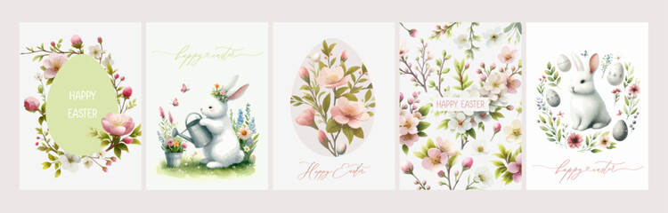 Happy Easter. Vector elegant trendy watercolor illustration of cute Easter bunny with floral wreath, Easter flowers, leaves and branches frame for greeting card, background or invitation. - obrazy, fototapety, plakaty