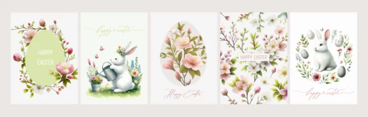 Fotobehang Happy Easter. Vector elegant trendy watercolor illustration of cute Easter bunny with floral wreath, Easter flowers, leaves and branches frame for greeting card, background or invitation. © ku4erashka