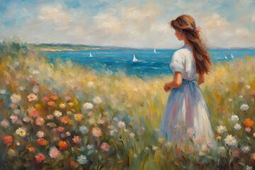 A girl standing by the sea in a meadow with flowers. Oil painting in the style of Impressionism