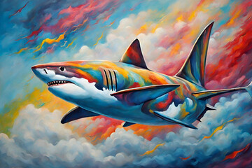 A magnificent shark takes flight in a vibrant painting, soaring through a cloudy sky with fierce strokes of art paint and acrylic, creating a surreal masterpiece in the form of a plane
