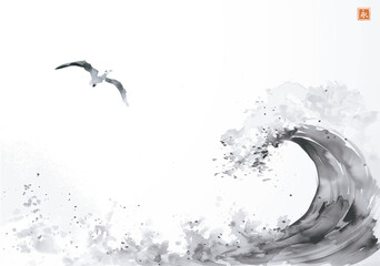 Seagull flying over a stylized wave.Traditional oriental ink painting sumi-e, u-sin, go-hua. Translation of hieroglyph - eternity