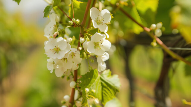 The delicate white blooms of a gvine a precursor to the round juicy berries that will soon appear.