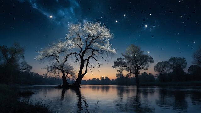 white trees of life or meditation relaxation concept with glowing golden fireflies in mystical fantasy abstract blue night sky showered by moonlight over river lake as wide banner