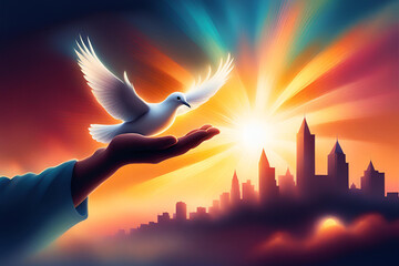 A vibrant abstract painting depicts a hand releasing a white dove into a sunburst sky above a cityscape at sunset - Powered by Adobe