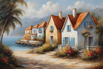 Canvas oil painting depicting charming coastal houses