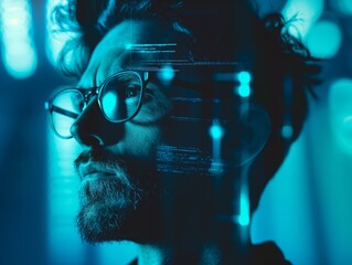Face of a man in glasses with virtual glowing elements around