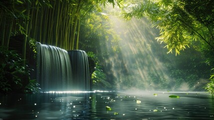 A hidden waterfall within a bamboo forest, with sunlight filtering through the bamboo, creating patterns of light and shadow on the water. 8k