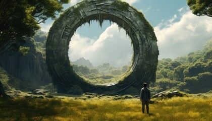 imagination of Man standing and looking at a giant overgrown ring in a lush field - obrazy, fototapety, plakaty