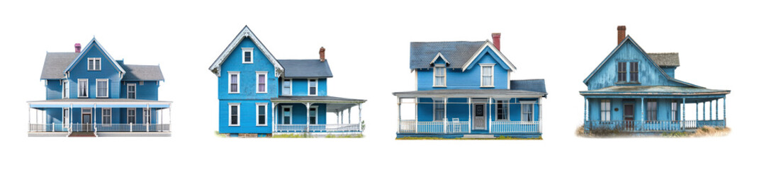 Old blue wood house collection isolated on a white background. Antique vintage house set. Wooden two story house with porch. Victorian, Edwardian, historical. Abandoned mansion. Rural house.