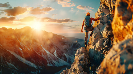 Rock Climber Scaling Steep Cliffs in Mountainous Landscape - obrazy, fototapety, plakaty