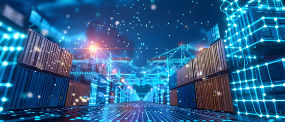 container yard on blue circuit board. Transportation with technology - obrazy, fototapety, plakaty