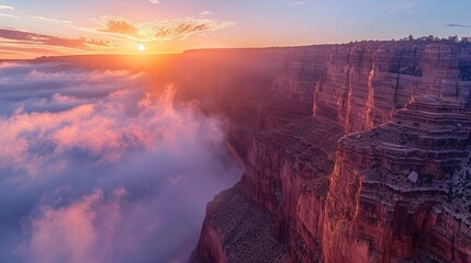 A high-altitude view of a canyon at sunrise, with the sun illuminating the top edges of the canyon while trails of fog linger in the depths below. 8k