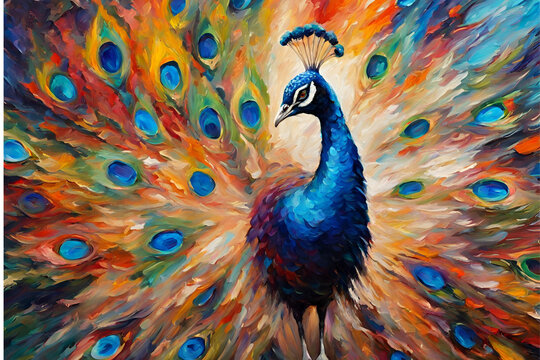 Conceptual abstract picture of the peacock . Oil painting in colorful colors. Conceptual abstract closeup of an oil painting and palette knife on canvas