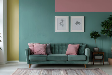 modern minimalist living room, trendy green wall color, interior design, color palette