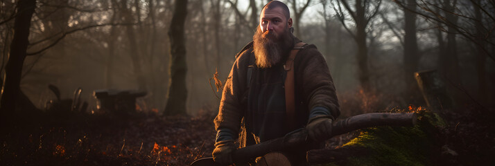 Rustic Axeman in Sunset Woodland Scene: Portrait of Everyday Rural Life and Labor