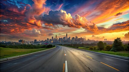 Asphalt road and city skyline with colorful sky clouds at sunset - obrazy, fototapety, plakaty