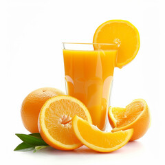 orange juice in a glass with ripe oranges on white background,