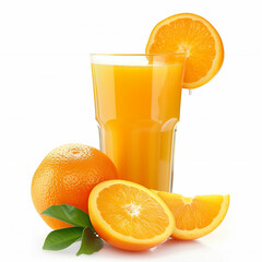 orange juice in a glass with ripe oranges on white background,