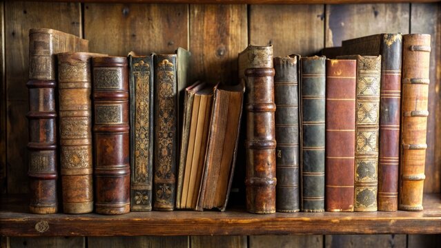 Old books on wooden shelf.