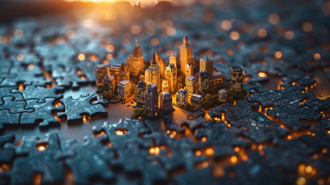 A visual representation of a real estate investment portfolio with each property being depicted as a puzzle piece fitting perfectly into the larger picture. This conveys the