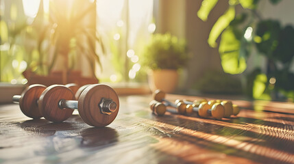 Dumbbells on a wooden table in the living room - obrazy, fototapety, plakaty
