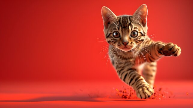 Active Bengal Kitten Running on Red Paper in Cinematic Style