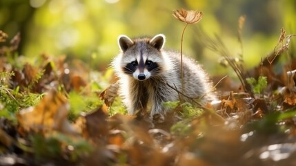 Obraz premium Adorable raccoon in its natural habitat with soft, blurred background and space for text