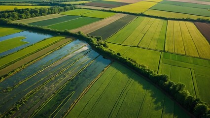 Fototapeta premium Aerial view with the landscape geometry texture of a lot of agriculture fields with different plants like rapeseed in blooming season and green wheat. Farming and agriculture industry.