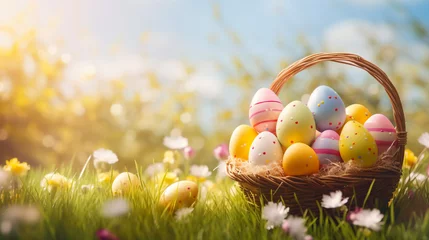 Stof per meter Spring easter decoration. Beautiful natural easter banner with copy space. Colorful eggs in a basket in spring sunny blooming cherry orchard © Mujahid