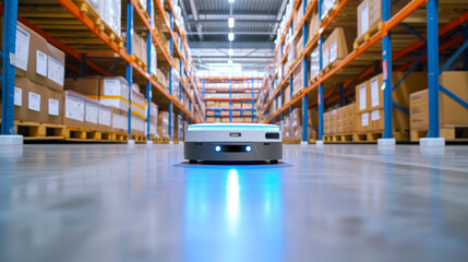 A low-angle view of an autonomous mobile robot moving through the corridors of a warehouse, a key component in modern logistics.