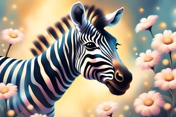 Fototapeta premium happy cute zebra in flower blossom atmosphere golden oil paint abstract art