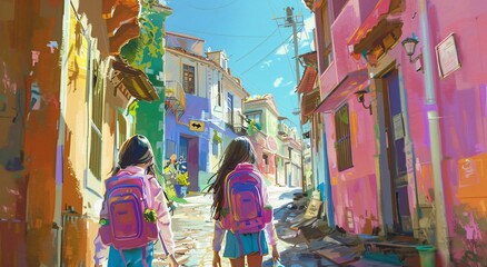 Summer Vibes Two Girls Walking Down a Colorful Street with Backpacks Generative AI