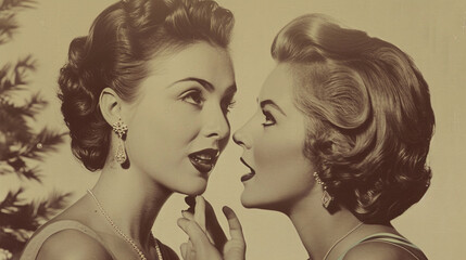 A woman spoke while another woman listened to gossip.  - obrazy, fototapety, plakaty
