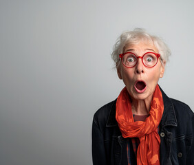 Funny Elderly Senior Woman with eyeglasses makes Silly shocked Suprised Face in front of Grey Background. Image for Marketing, Sale, Promotion or Advertising Campaign.
