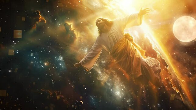 God Jesus flew out of space with his magic. seamless looping time-lapse virtual 4k video Animation Background.