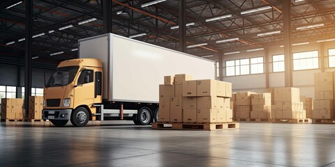 Modern truck along with shipping boxes in a warehouse - obrazy, fototapety, plakaty