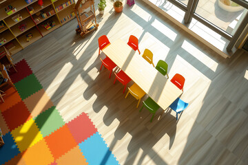 wooden table with colorful chairs in a kindergarten room with toys and books standing around.