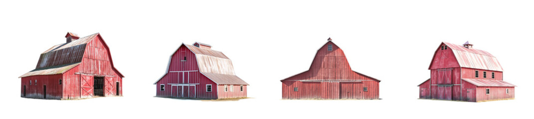 Old red barn. Set of farm barns isolated white background. Ranch barn. Farm barn. old barn. abandoned ranch barn isolated white background collection. Wooden barn. Made of wood. 