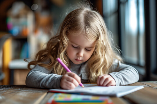 little blonde girl studying in classroom while holding a pink pencil