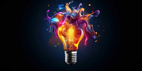 Vibrant light bulb explosion Burst of creativity with vivid paint splatters