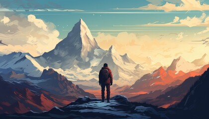 man standing on a hill looking at the strange mountain - obrazy, fototapety, plakaty