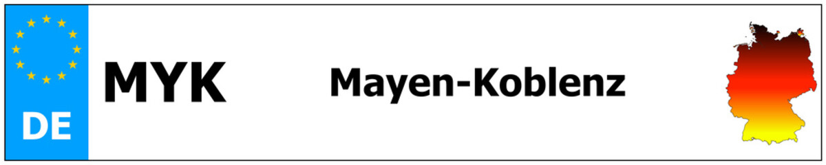 Mayen-Koblenz car licence plate sticker name and map of Germany. Vehicle registration plates frames German number