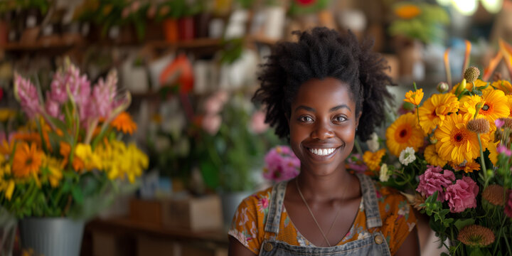 young smiling black woman with flowers in a flower shop