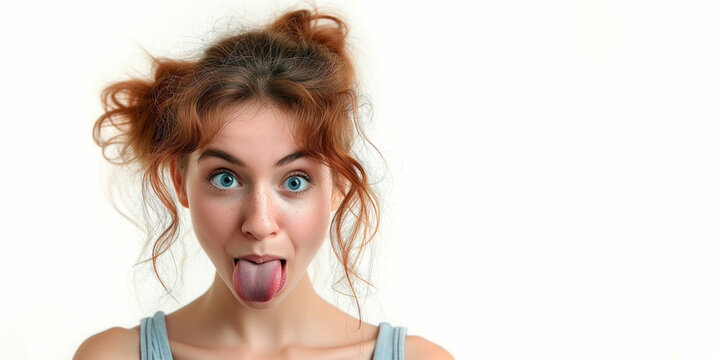 Funny Young Brunette Woman wearing Grey Tanktop and makes Silly Face with tongue out in front of Grey Background. Image for Marketing, Sale, Promotion or Advertising Campaign.