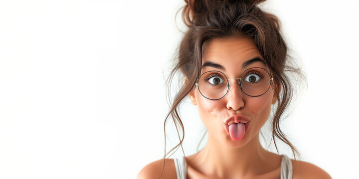 Funny Young Brunette Woman with Eyeglasses wearing White Tanktop and makes Silly Face with tongue out in front of Grey Background. Image for Marketing, Sale, Promotion or Advertising Campaign.