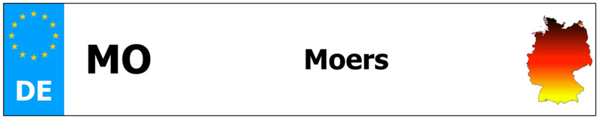 Moers car licence plate sticker name and map of Germany. Vehicle registration plates frames German number