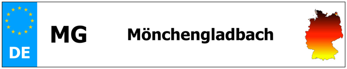 Mönchengladbach car licence plate sticker name and map of Germany. Vehicle registration plates frames German number