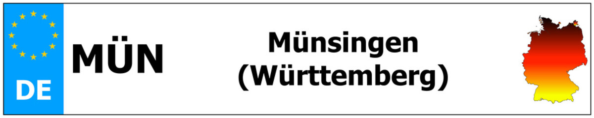 Münsingen (Württemberg) car licence plate sticker name and map of Germany. Vehicle registration plates frames German number